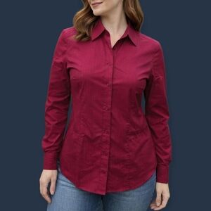 3/$30 NEW YORK & CO Magenta Metallic Button Down Long Sleeve Poplin Shi